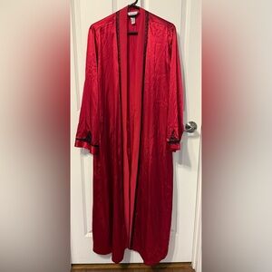 Delicates Red Satin Long Robe with Black Trim